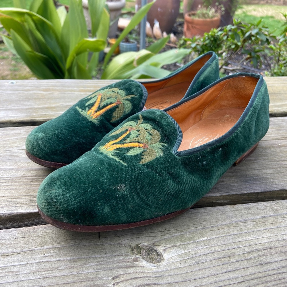 Vintage Style Stubbs and Wooton Green Velvet Palm Tree Loafers